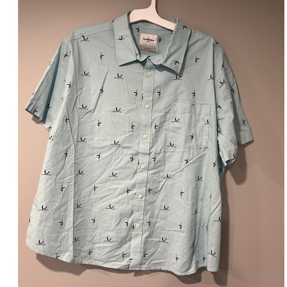 Goodfellow & Co Mens XXL Slim Fit Short Sleeve Crane Print Button Up Shirt Blue
